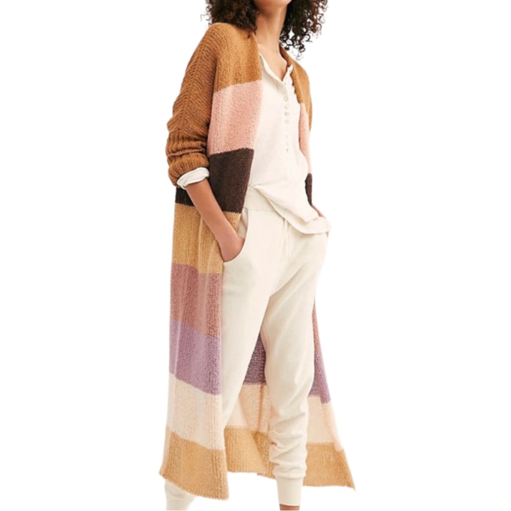 🎉HP Free People Oslo S Tan Pink Striped Color-Block Longline Cardi Cardigan New